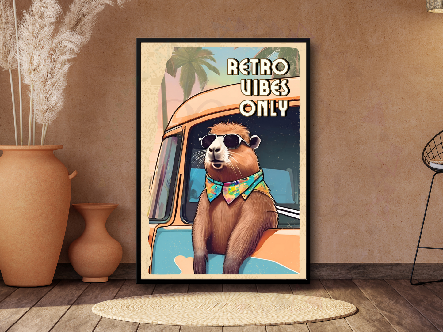 Cool capybara print wearing sunglasses and patterned scarf