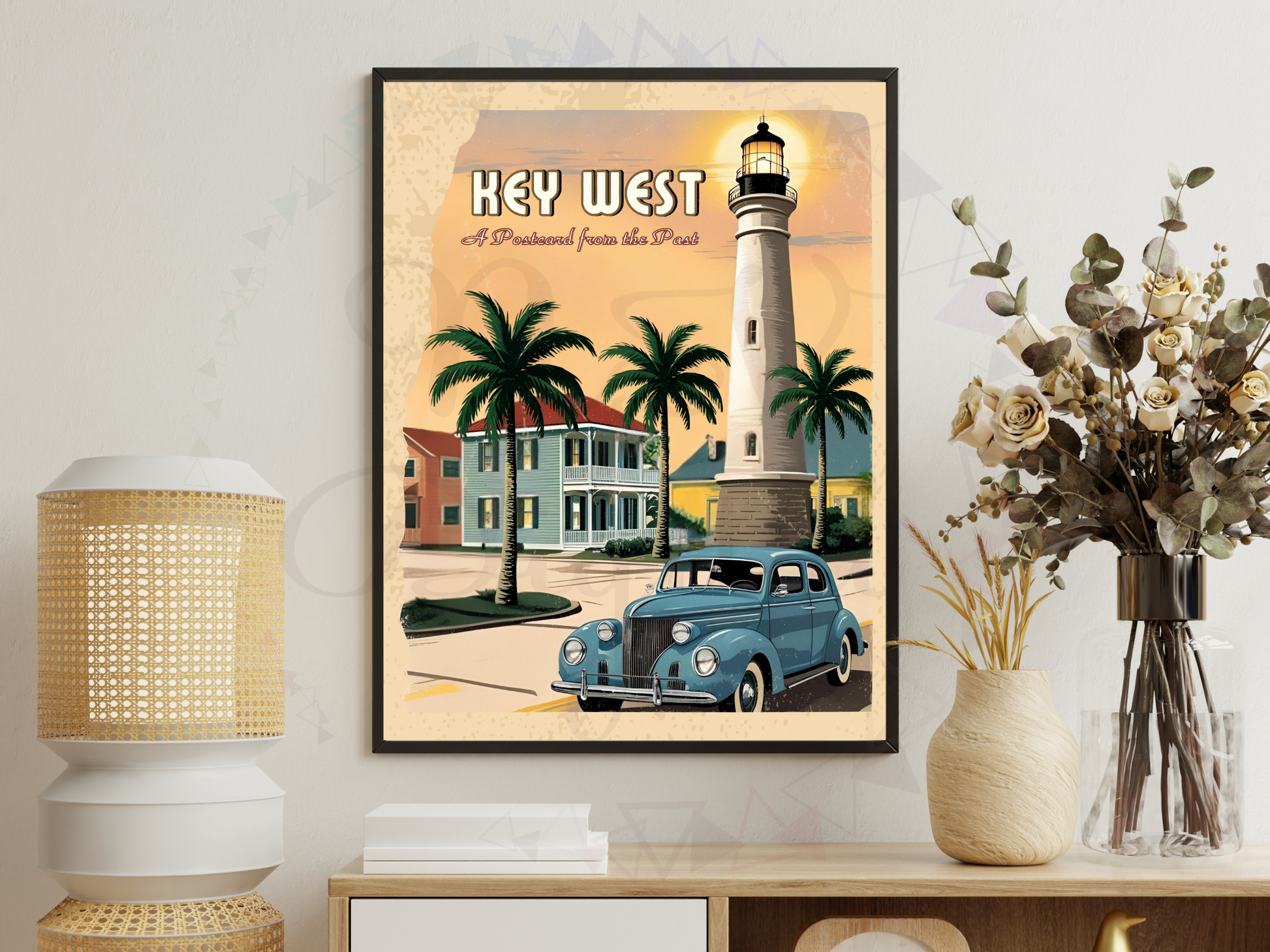 Hand holding Key West travel art print close-up