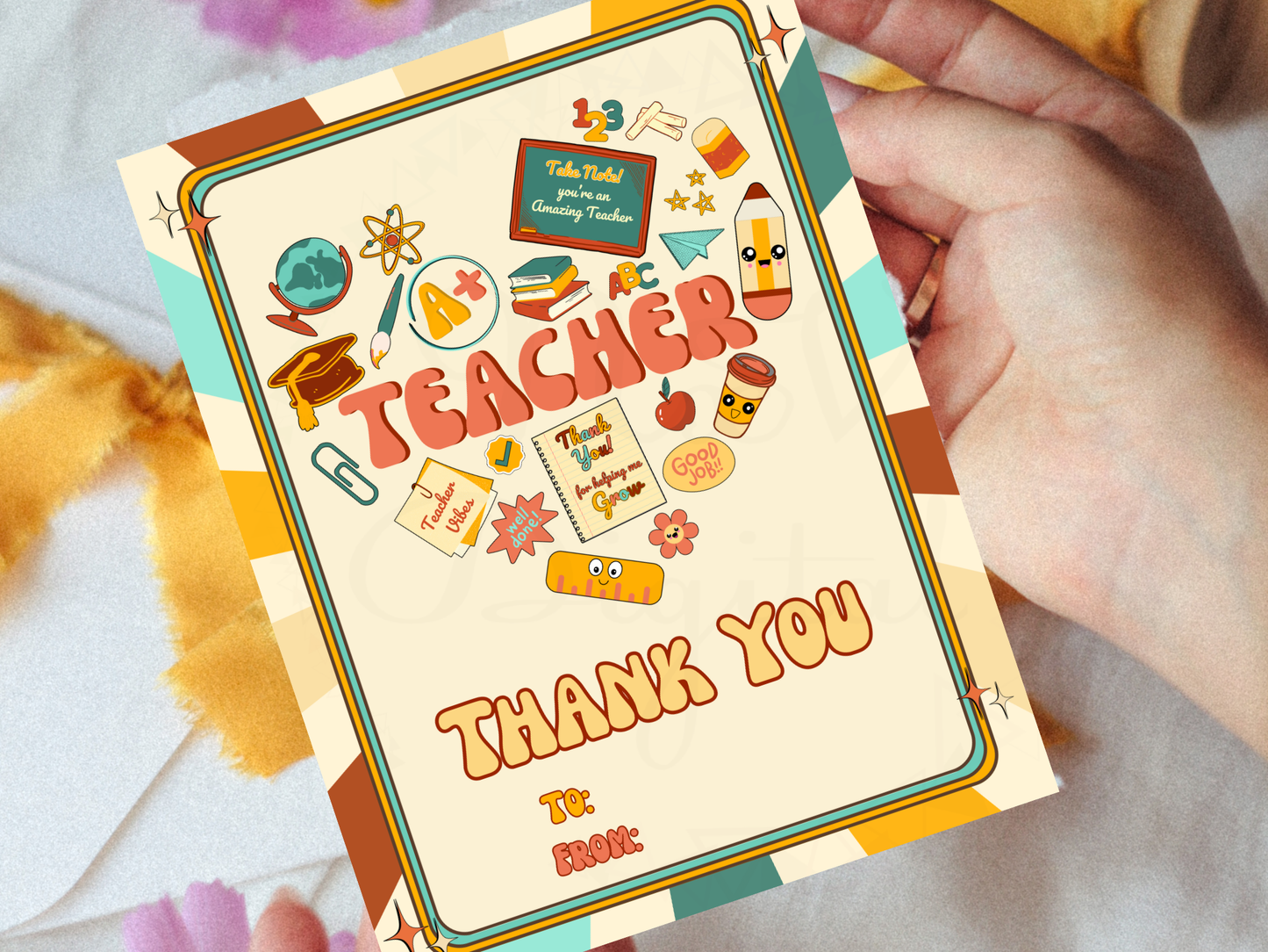 Vibrant and editable printable teacher card gift mockup – perfect for kids