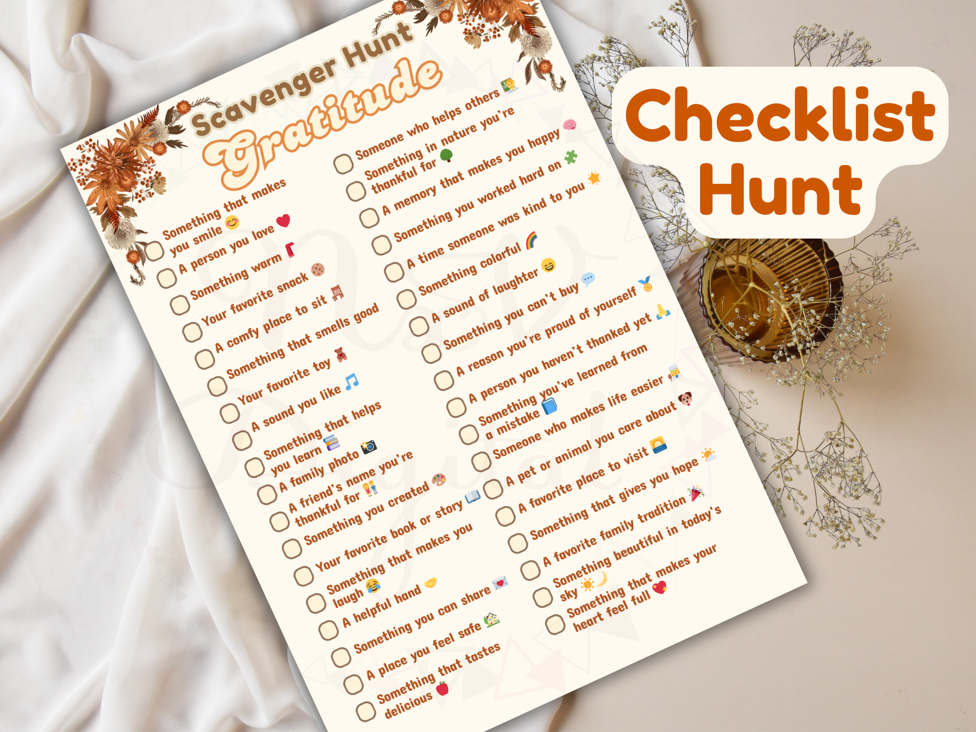 Scavenger hunt checklist with decorative elements on a light background