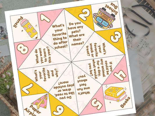 Cootie catcher with questions on a white background