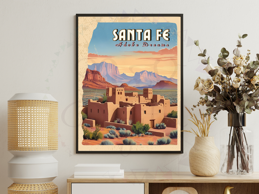 Vintage-style travel poster of Santa Fe, New Mexico with adobe houses