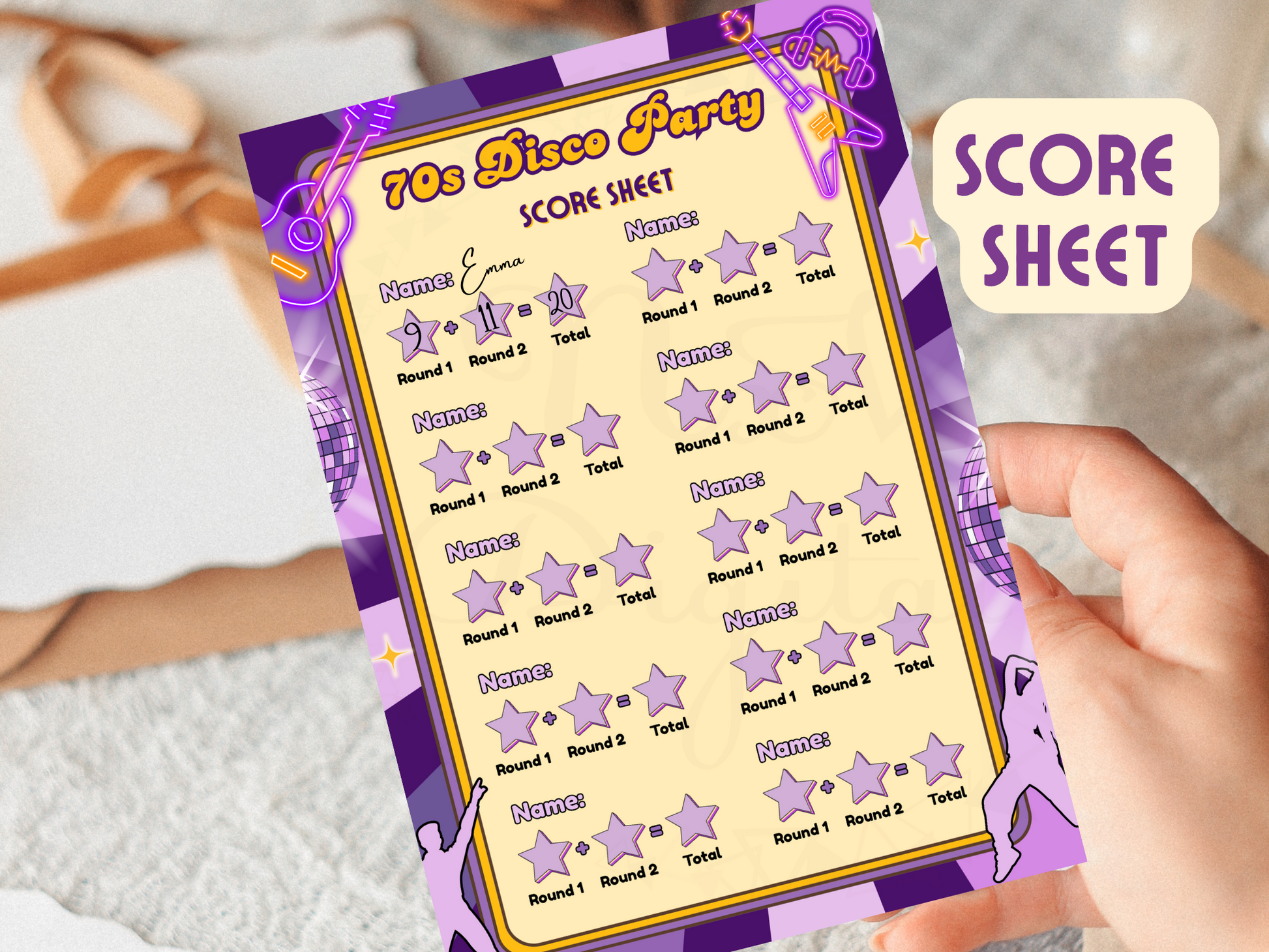 Funky 70s trivia quiz PDF in cozy home setting