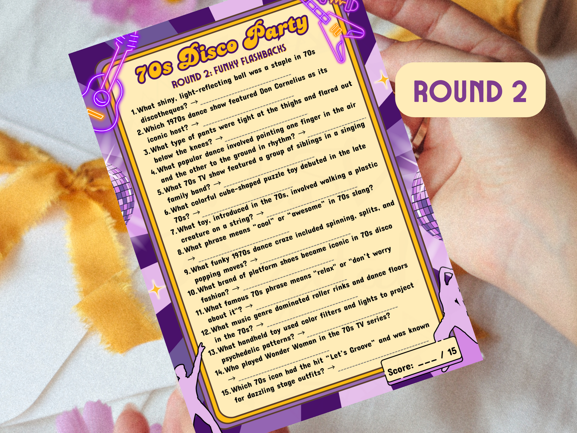 70s Disco trivia game printable shown inside open book mockup