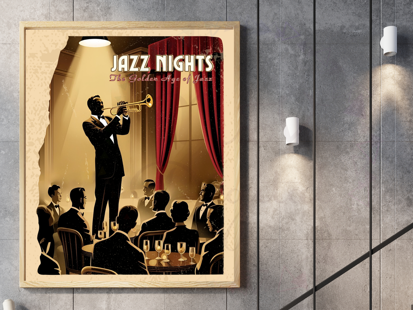 Retro jazz night print being held in hand against neutral background