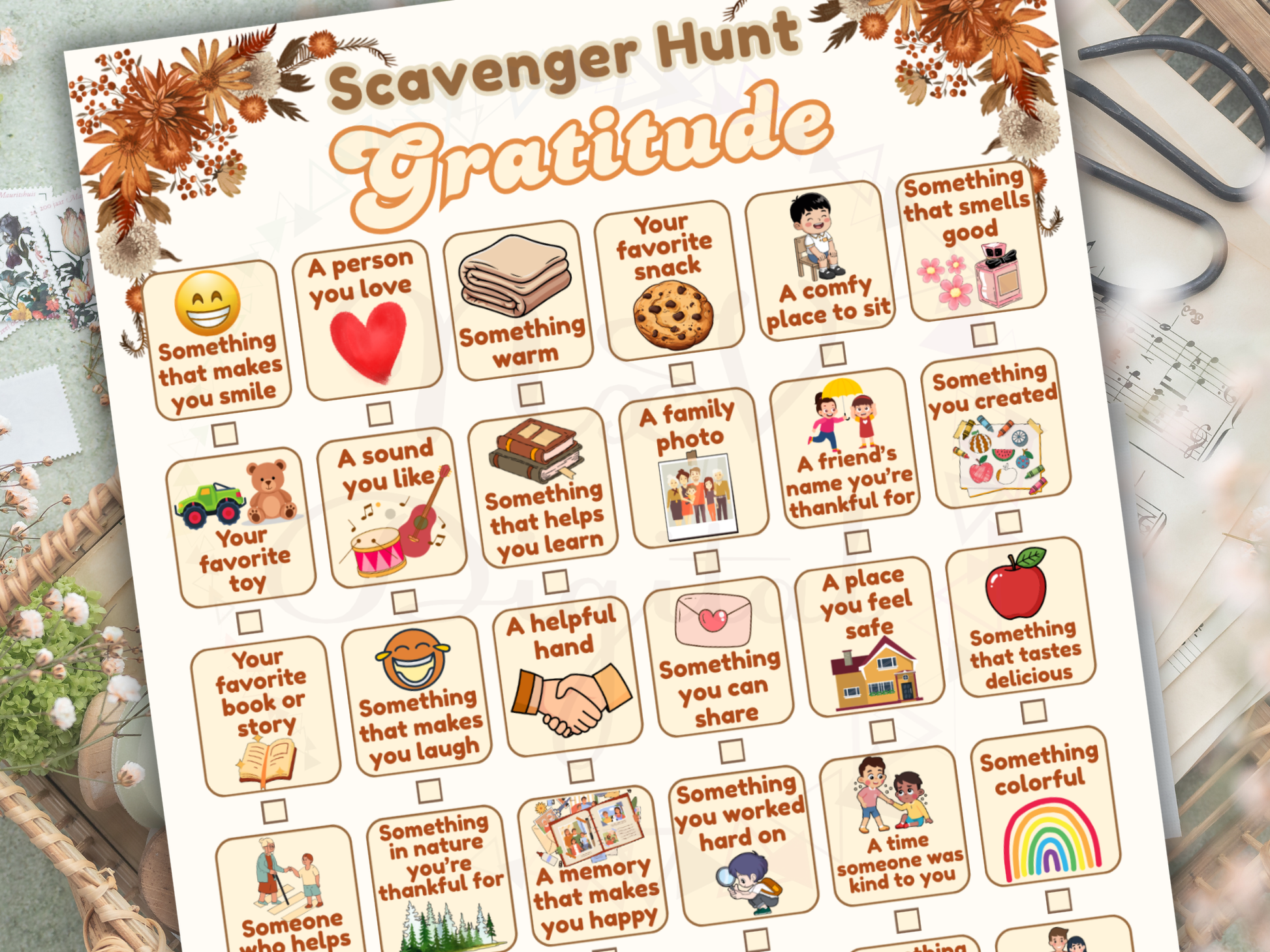 Scavenger Hunt Gratitude worksheet with various prompts on a table.