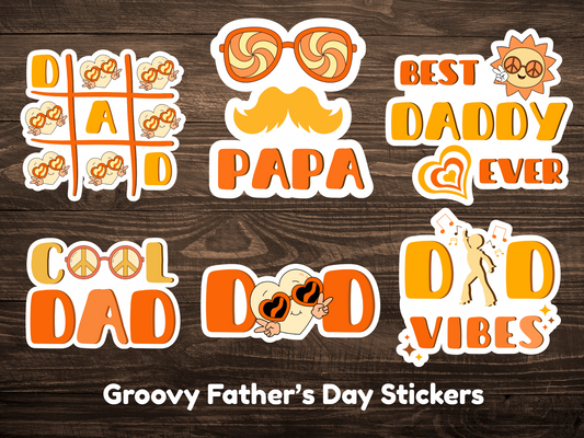 Groovy Father’s Day printable stickers with retro designs