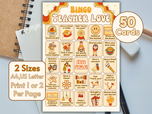 Teacher bingo activity card for end-of-year classroom celebrations