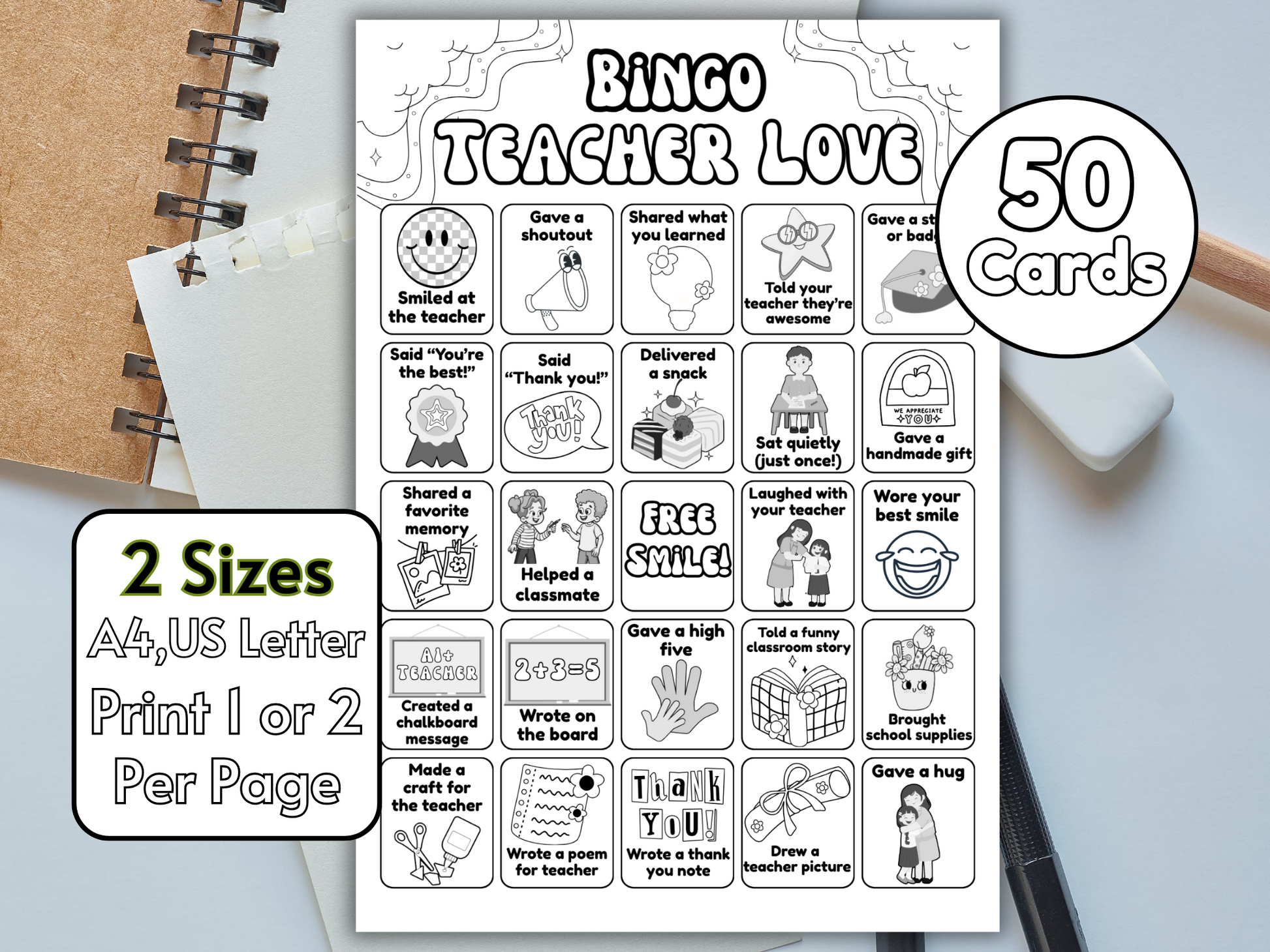 Teacher appreciation bingo card featuring thank-you activities