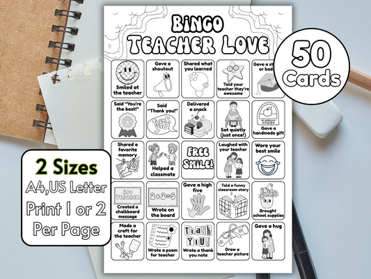 Teacher appreciation bingo card featuring thank-you activities