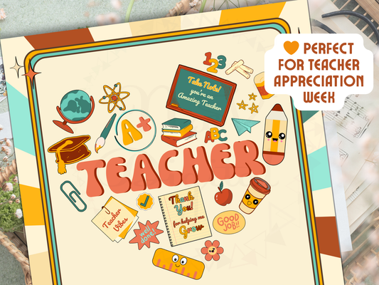 School-themed thank you card featuring ruler, apple, and books in A4 size