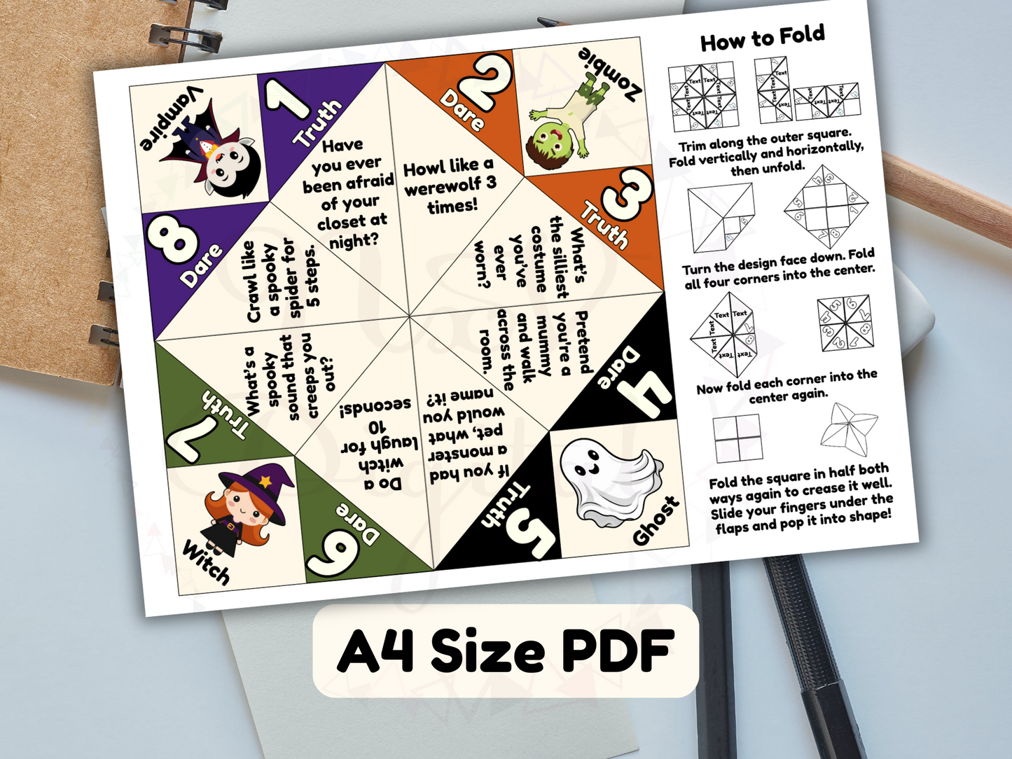 Halloween-themed fortune teller with instructions on a white background
