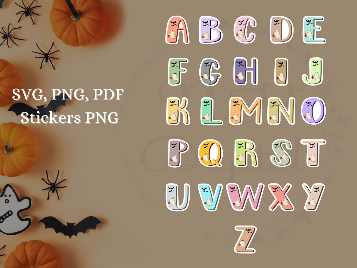 Halloween Alphabet Doodle Ghost Bats