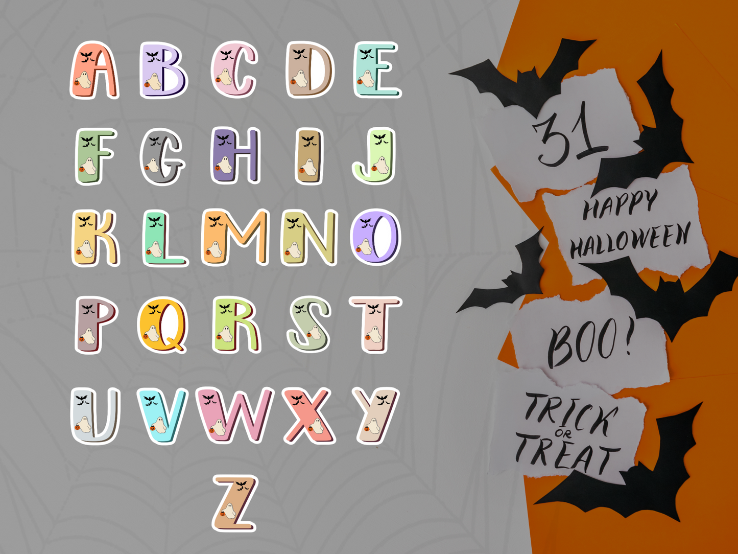 Halloween Alphabet Doodle Ghost Bats