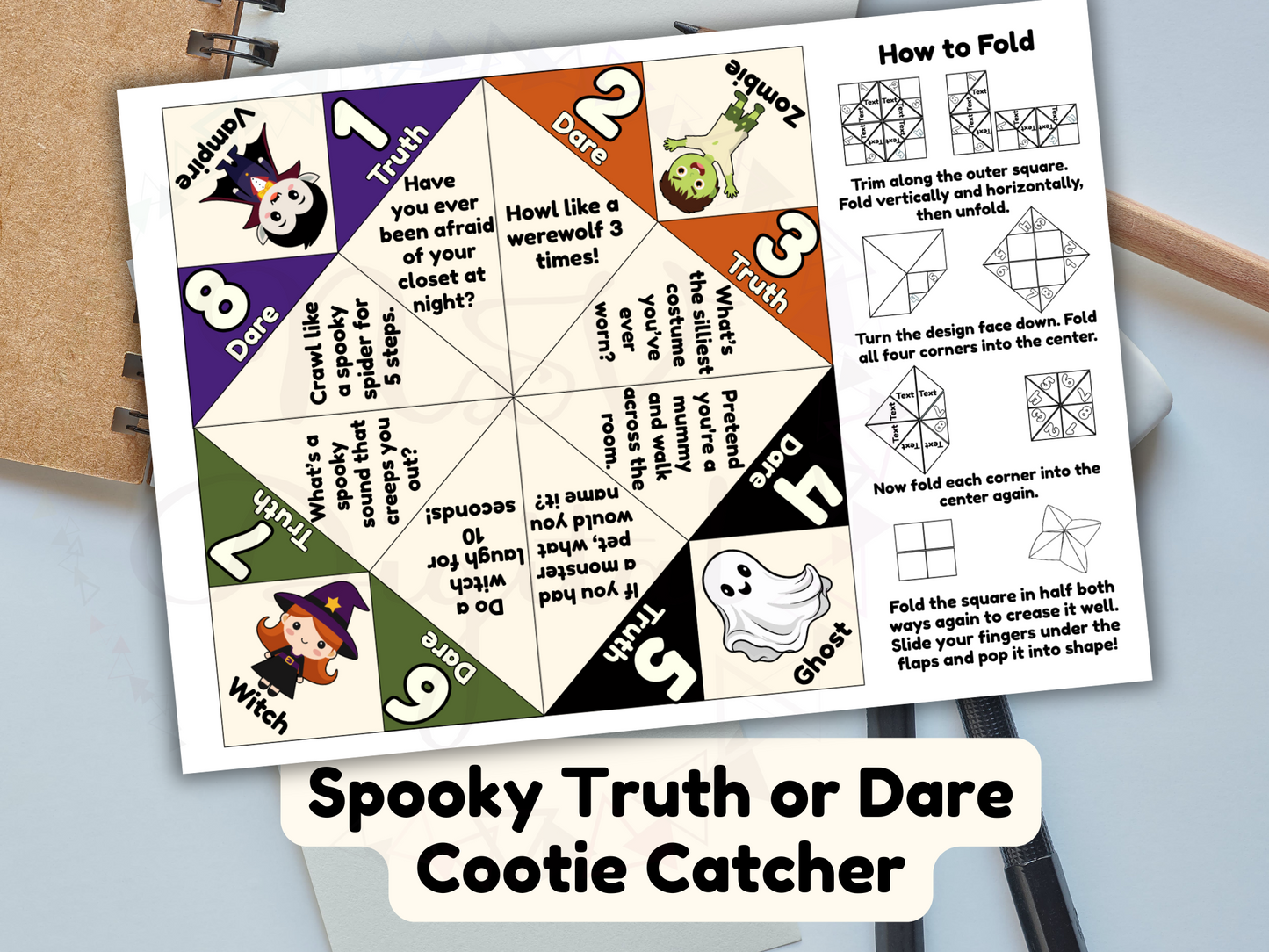 Spooky Truth or Dare Cootie Catcher with Halloween-themed questions on a white background.