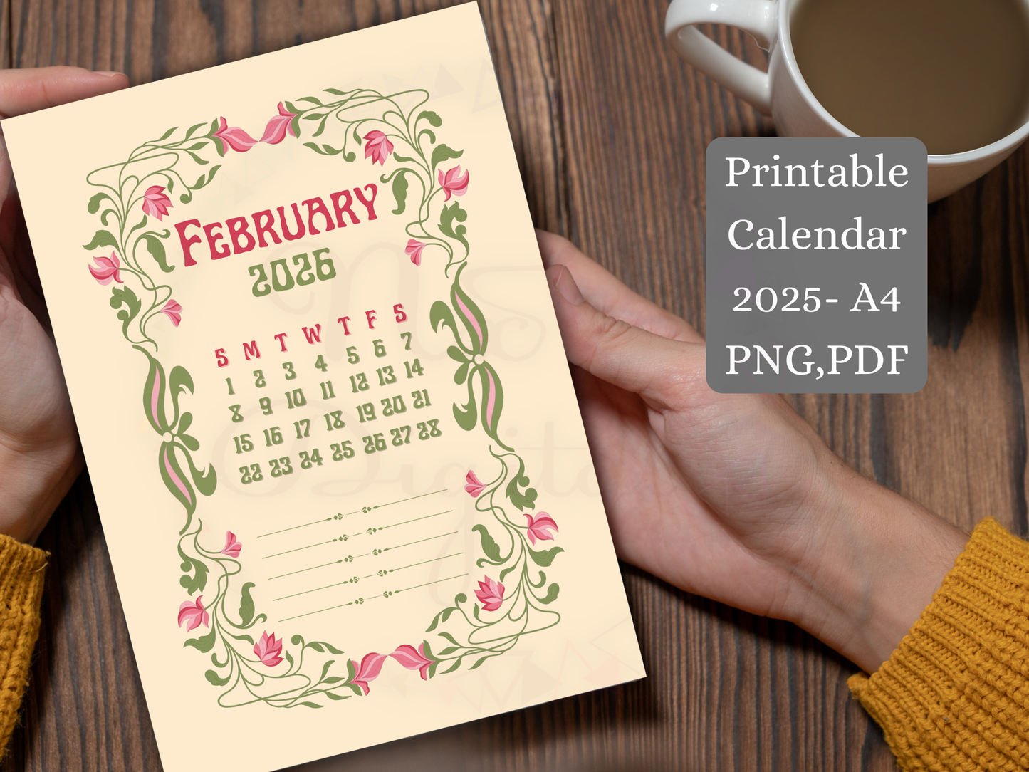 Art Nouveau floral printable calendar 2025-2026 held in hand, vintage aesthetic for scrapbooking and junk journals