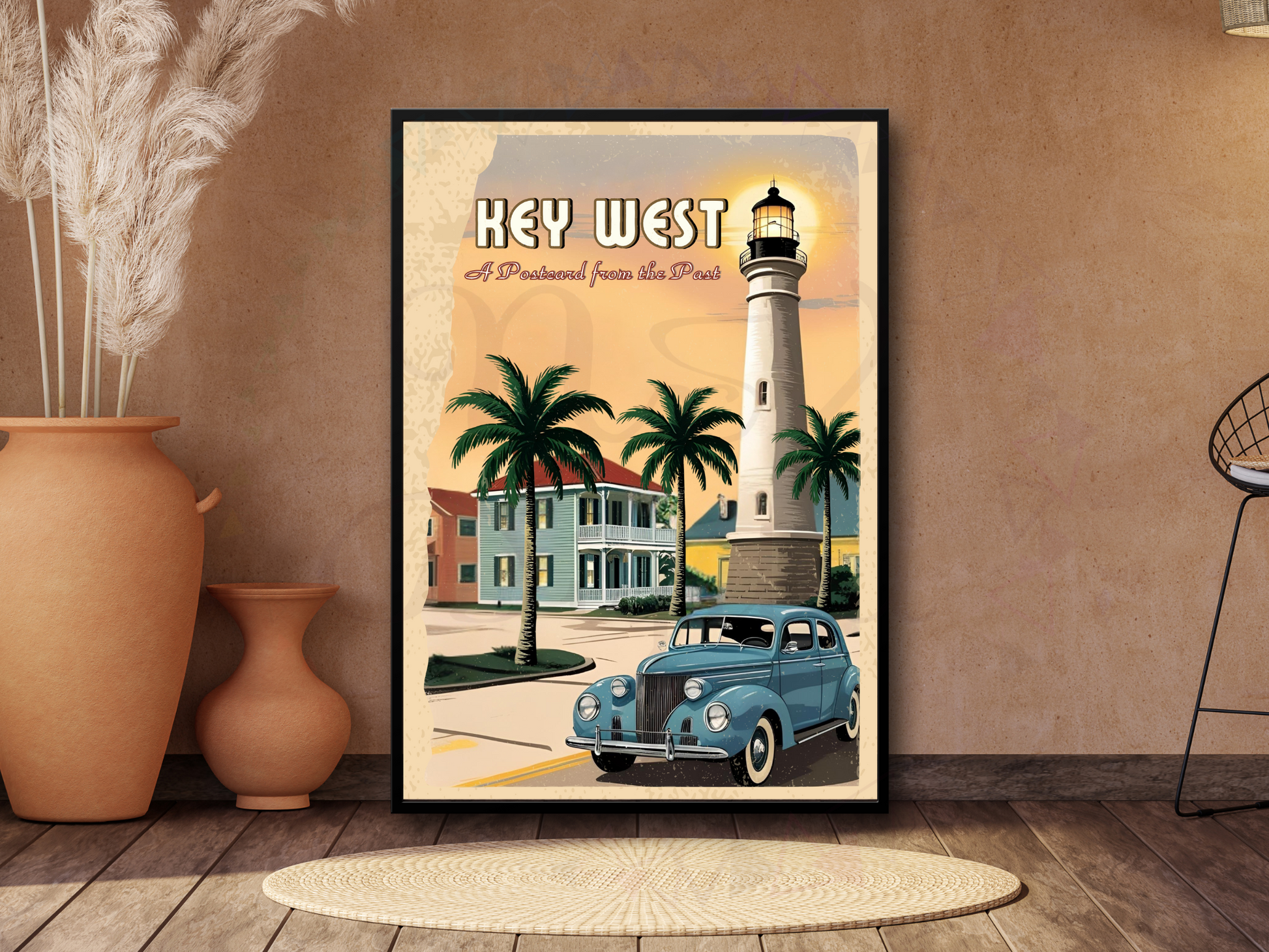 Retro Key West beach poster in a book-style mockup