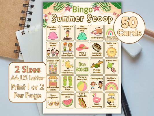Hand holding Summer Scoop Bingo card with colorful illustrations