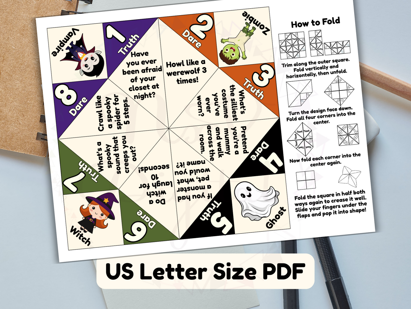 Halloween-themed fortune teller with instructions on a US Letter size PDF