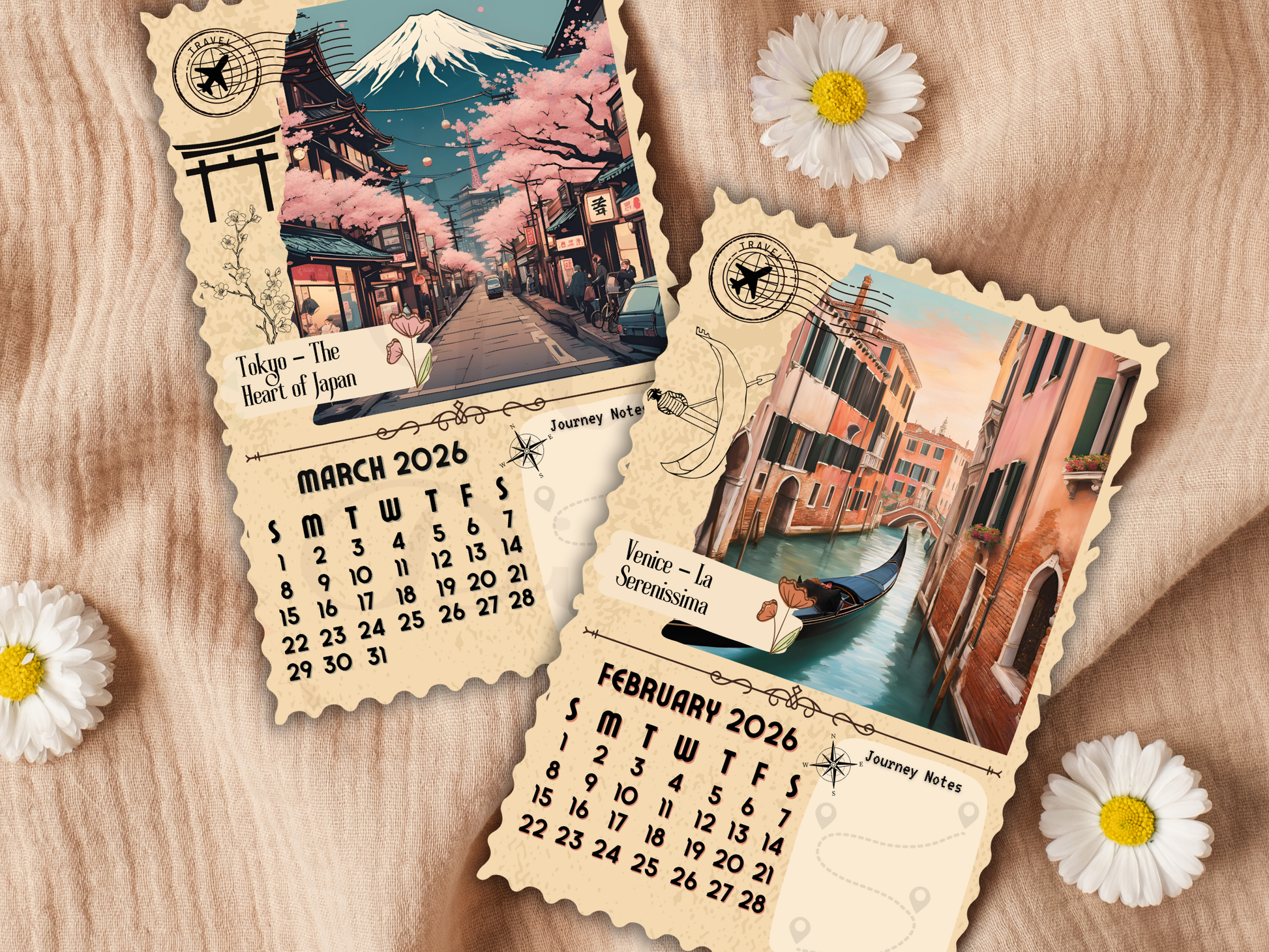 venice and tokyo Portrait-style printable calendar with travel theme