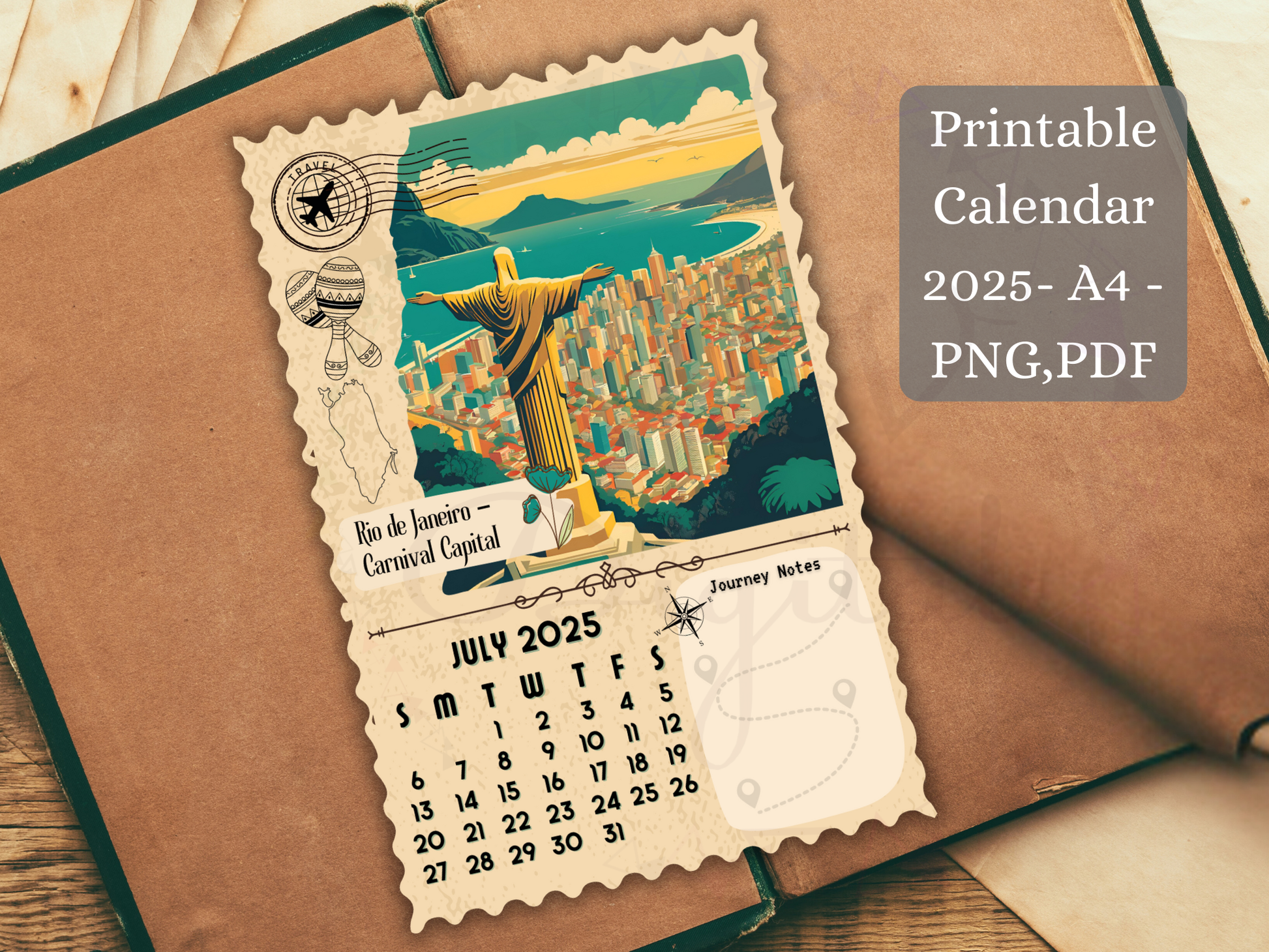 Rio de JaneiroAesthetic junk journal printable calendar page in hand