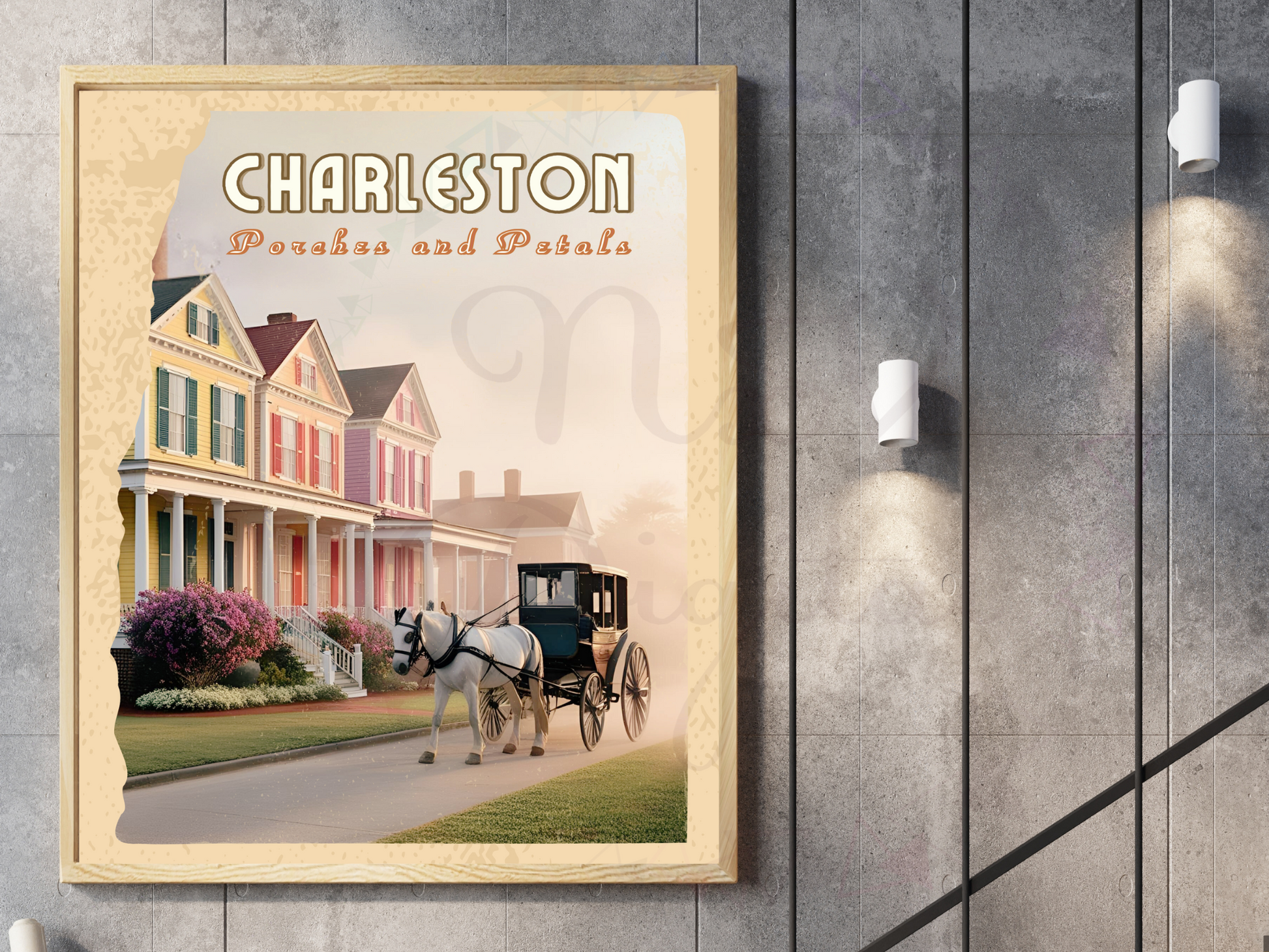 Porches and petals retro art print with Charleston charm