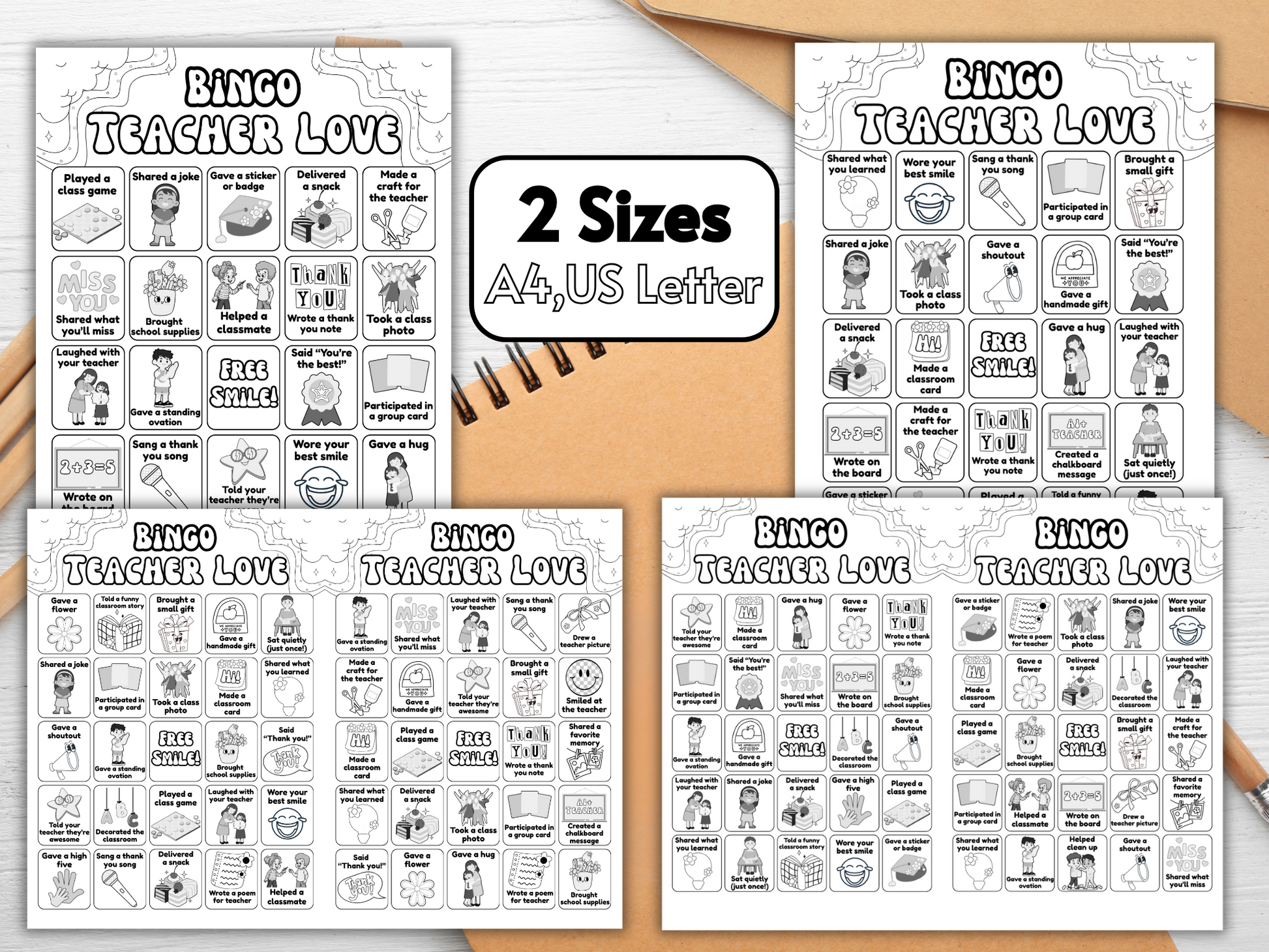 Groovy-themed Teacher Love Bingo with fun tasks and icons