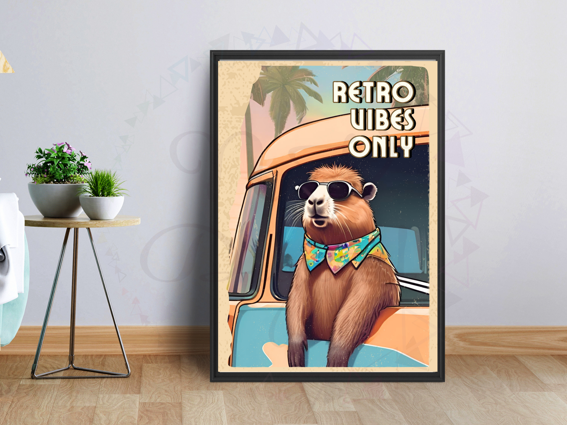 Vintage-inspired tropical road trip poster with relaxed capybara