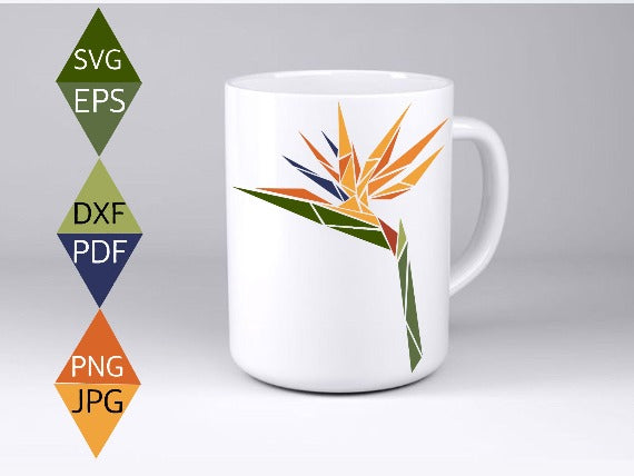 Bird of Paradise flower mosaic art on white mug