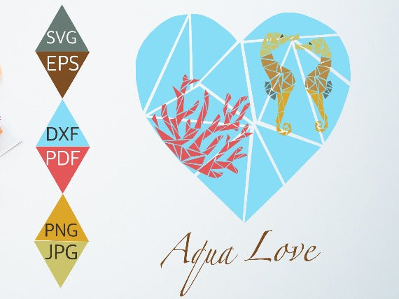 Ocean Blue Heart with Two Seahorses and Coral Weed SVG