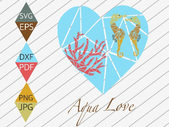 Ocean Blue Heart with Two Seahorses and Coral Weed SVG