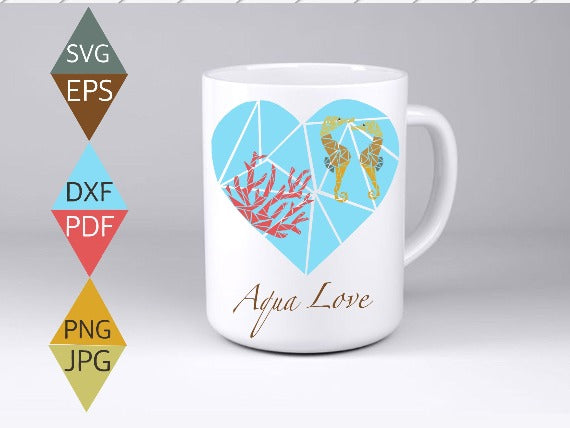 Ocean Blue Heart with Two Seahorses and Coral Weed SVG on white mug