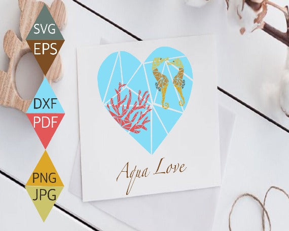 Ocean Blue Heart with Two Seahorses and Coral Weed SVG on paper