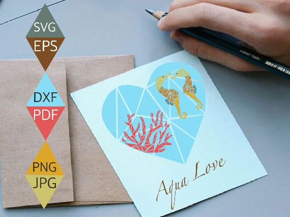 Ocean Blue Heart with Two Seahorses and Coral Weed SVG on greeting card