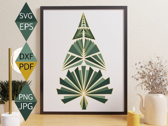 Art Deco Green Christmas Tree with Gold Border SVG on black framed wall art