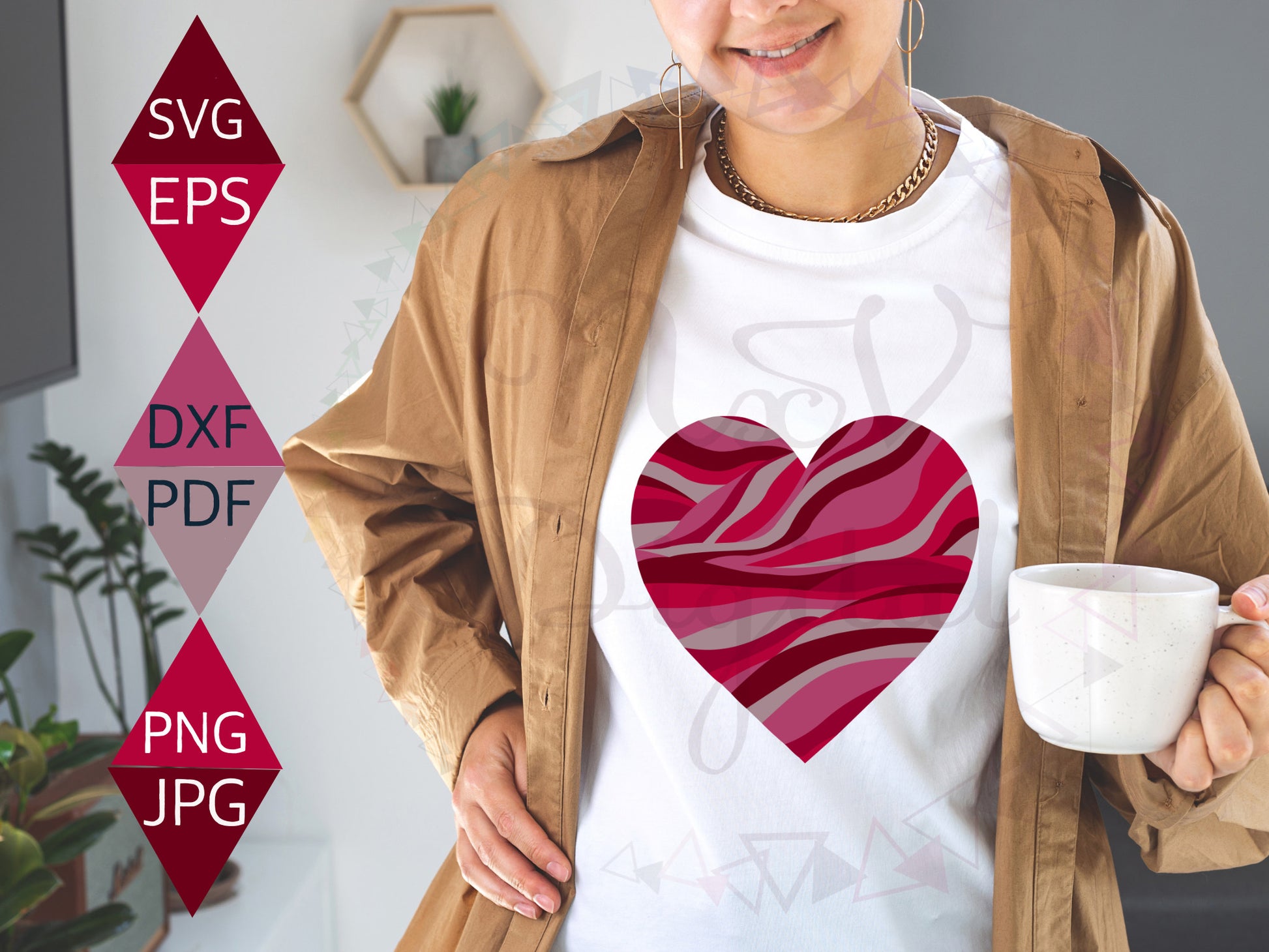 contemporary heart shaped art print in white T-shirt girl holding coffee mug, Red and Pink Shaded Design