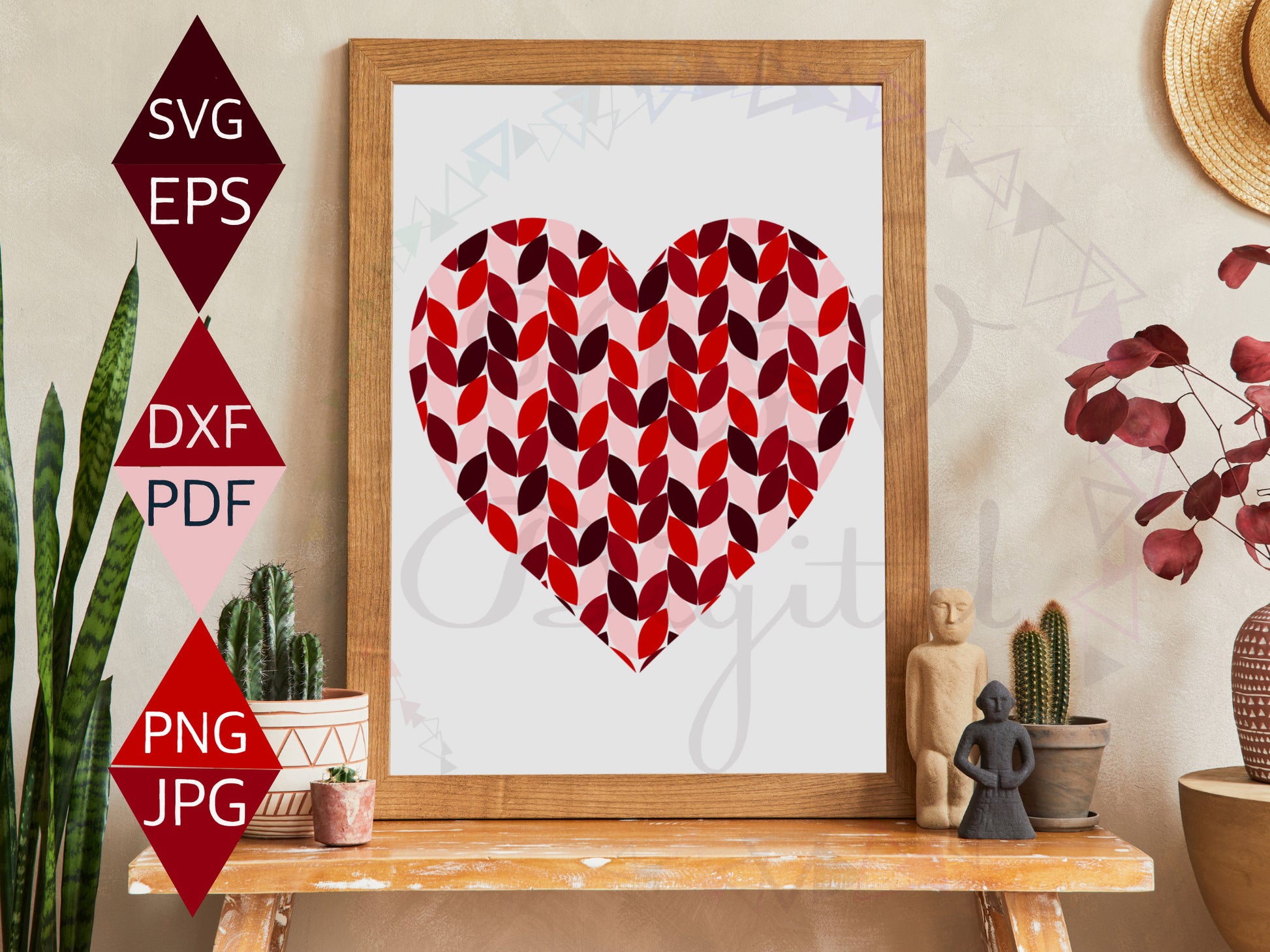 Modern leaf heart shaped design on wood framed wall art