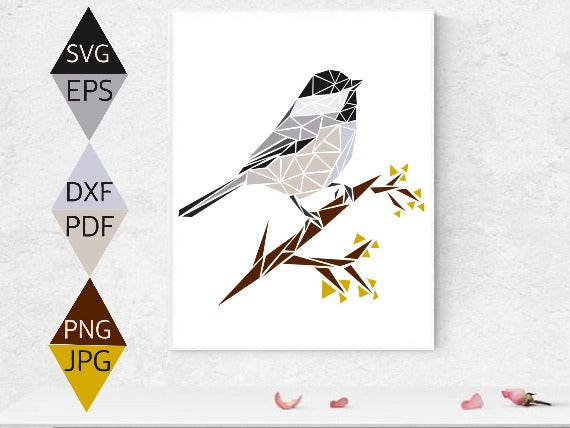 Black capped chickadee svg print on white canvas wall art