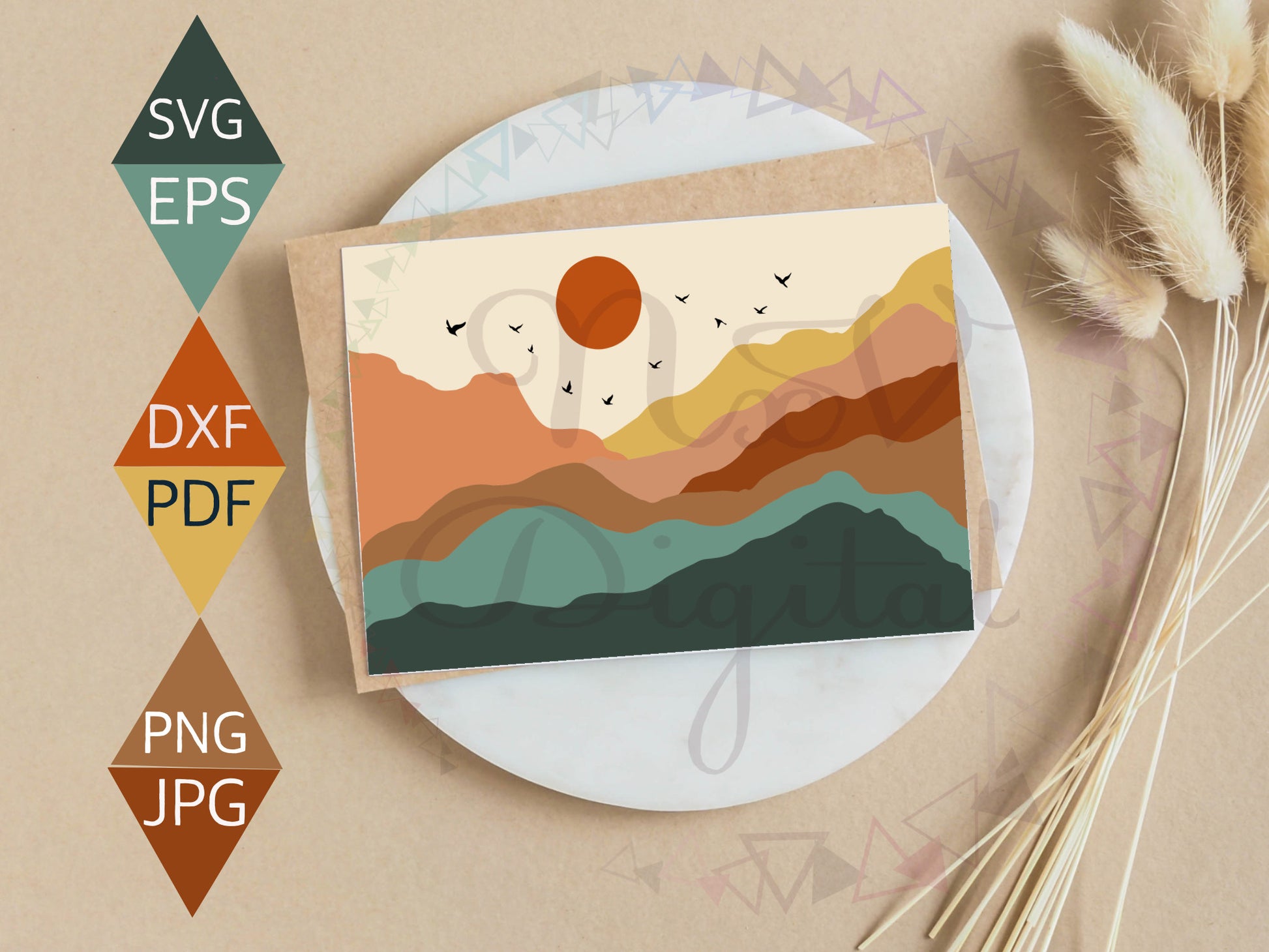 Boho Mountain Sun and Birds Landscape Print on Greeting Card