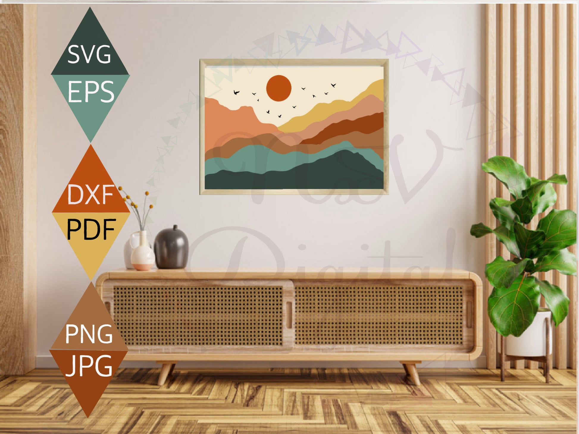 Boho Mountain Sun and Birds Landscape Print on wall decor