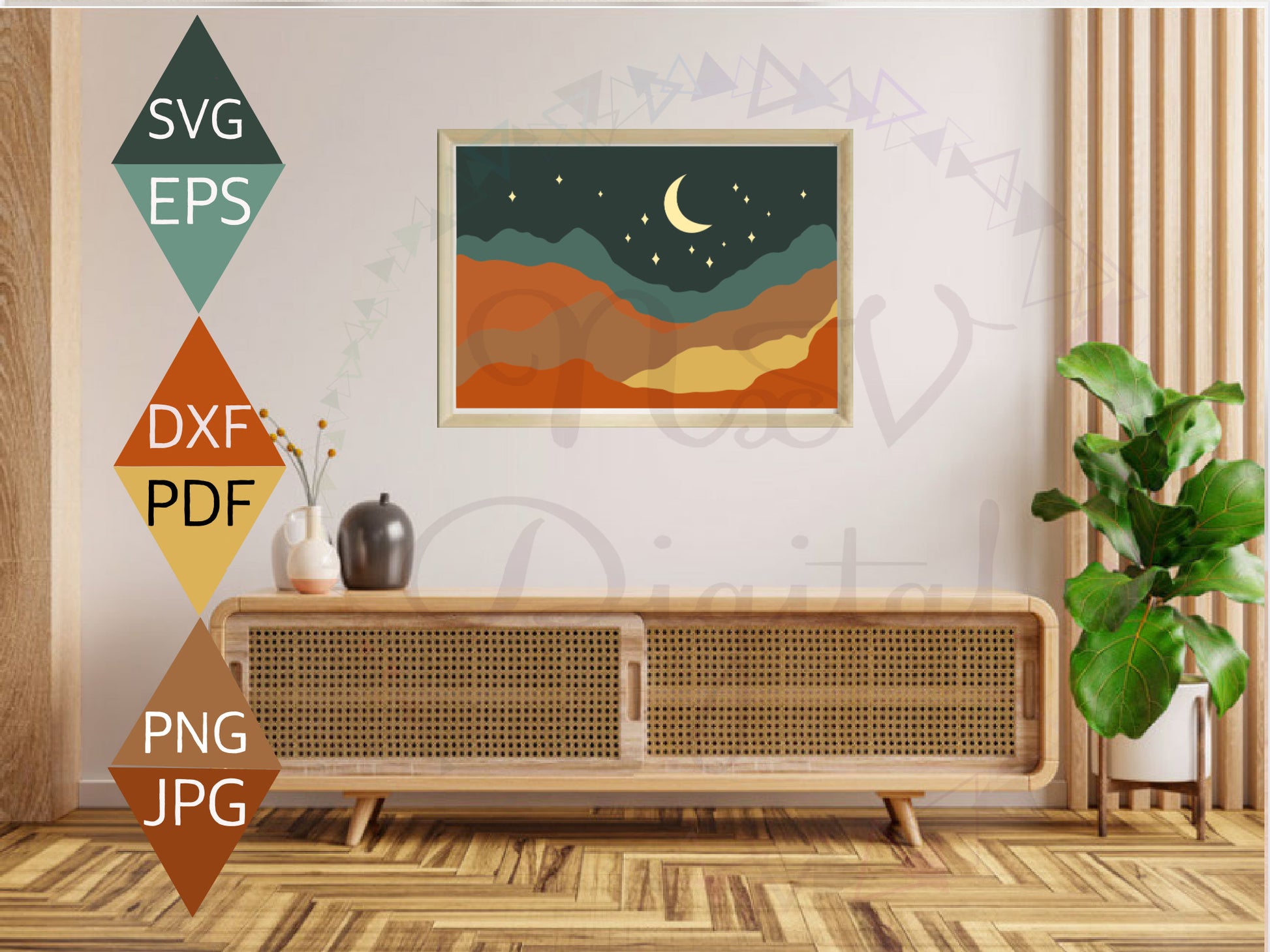 Boho Mountain Half Moon and Star Landscape Print