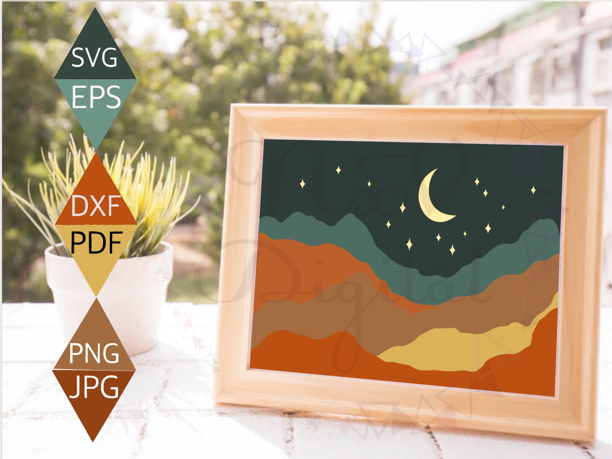 Boho Mountain Half Moon and Star Landscape Print on wood framed art