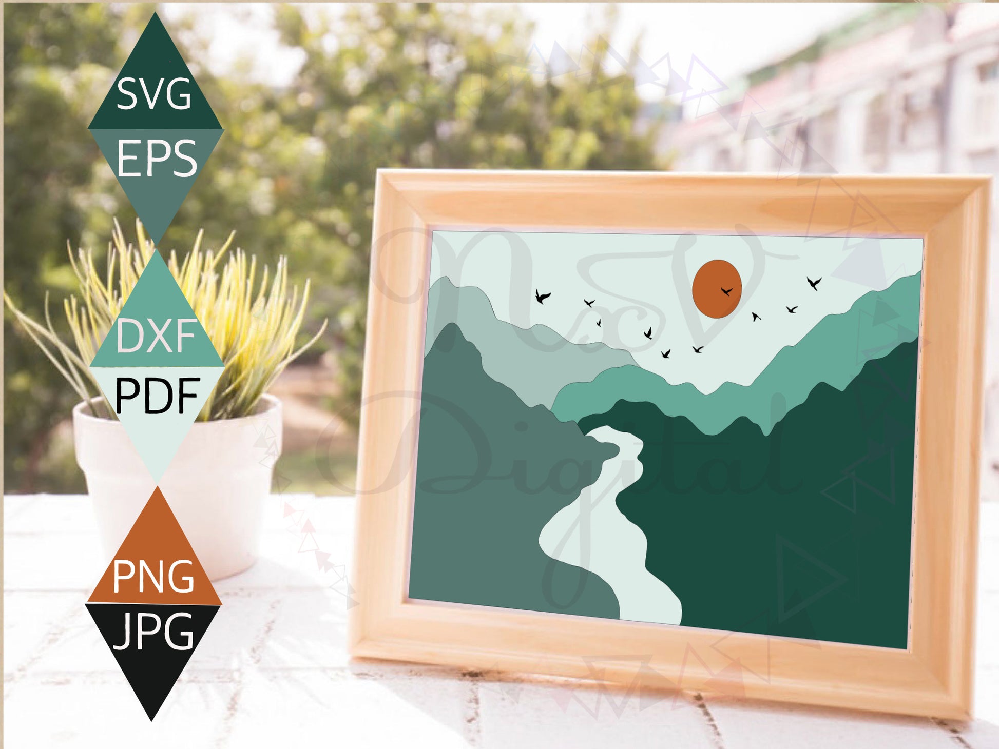 Boho River Mountain Sun and Birds Landscape Print on wood framed wall art