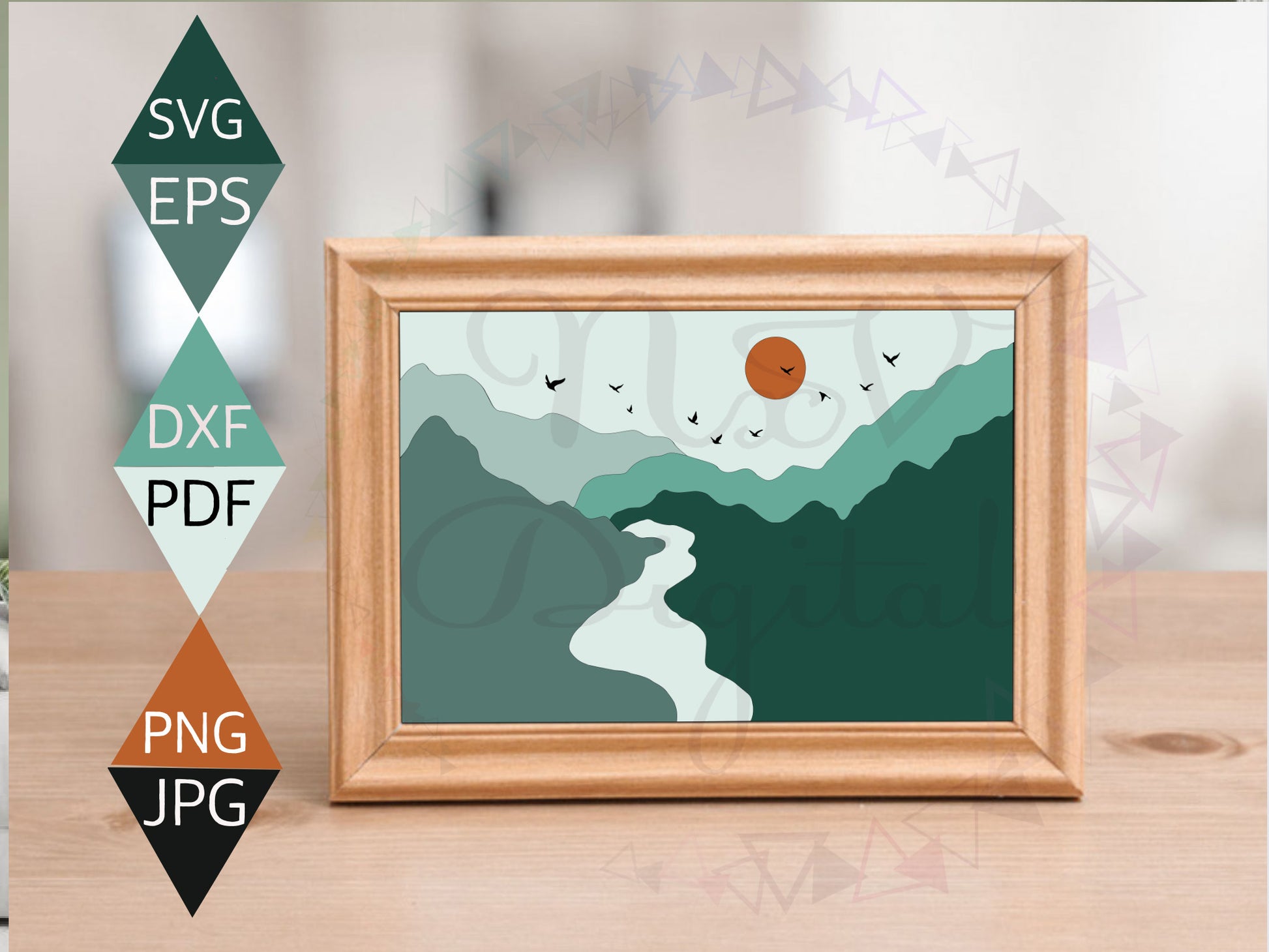 Boho River Mountain Sun and Birds Landscape Print on wood framed wall art