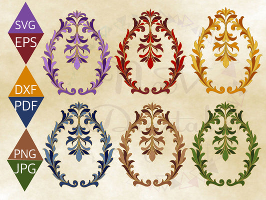 Six different colour Easter Egg Art Nouveau Floral Design on Old Paper