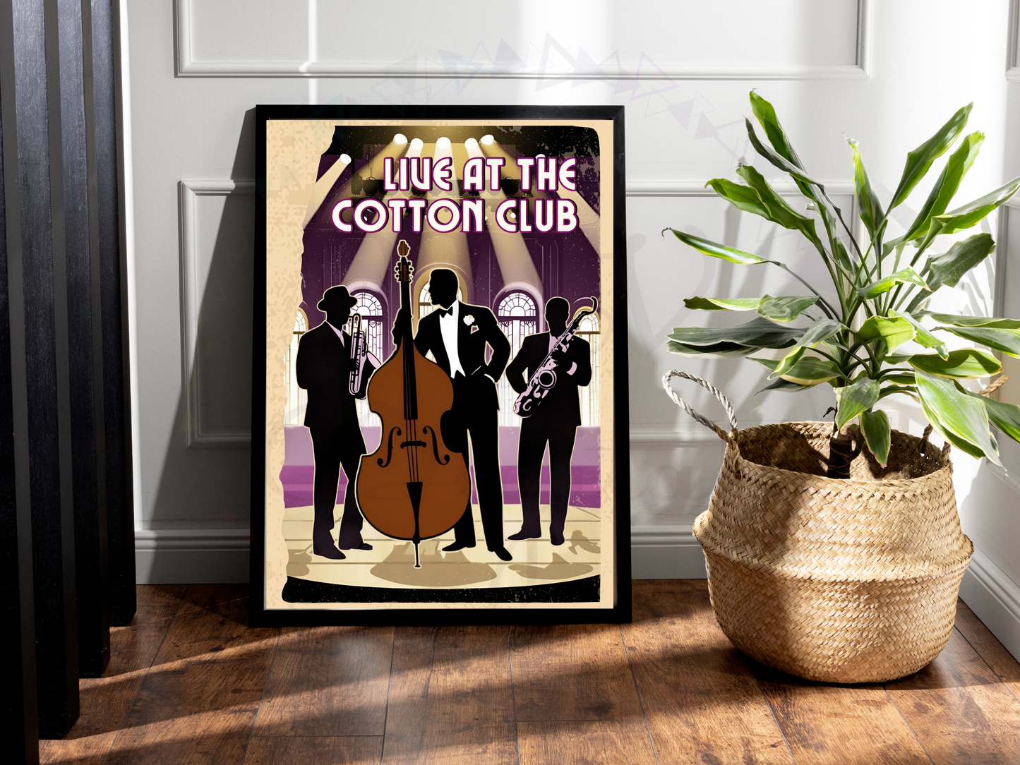 Jazz band silhouette poster with spotlight and art deco details