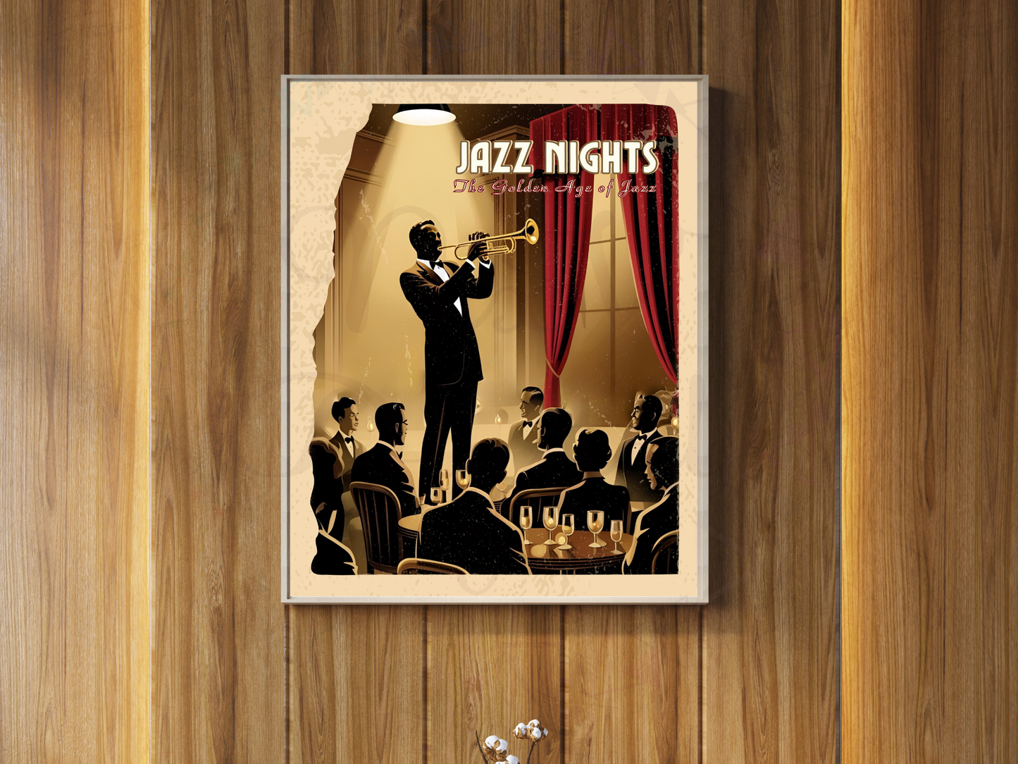 Retro jazz-themed printable poster held with two hands