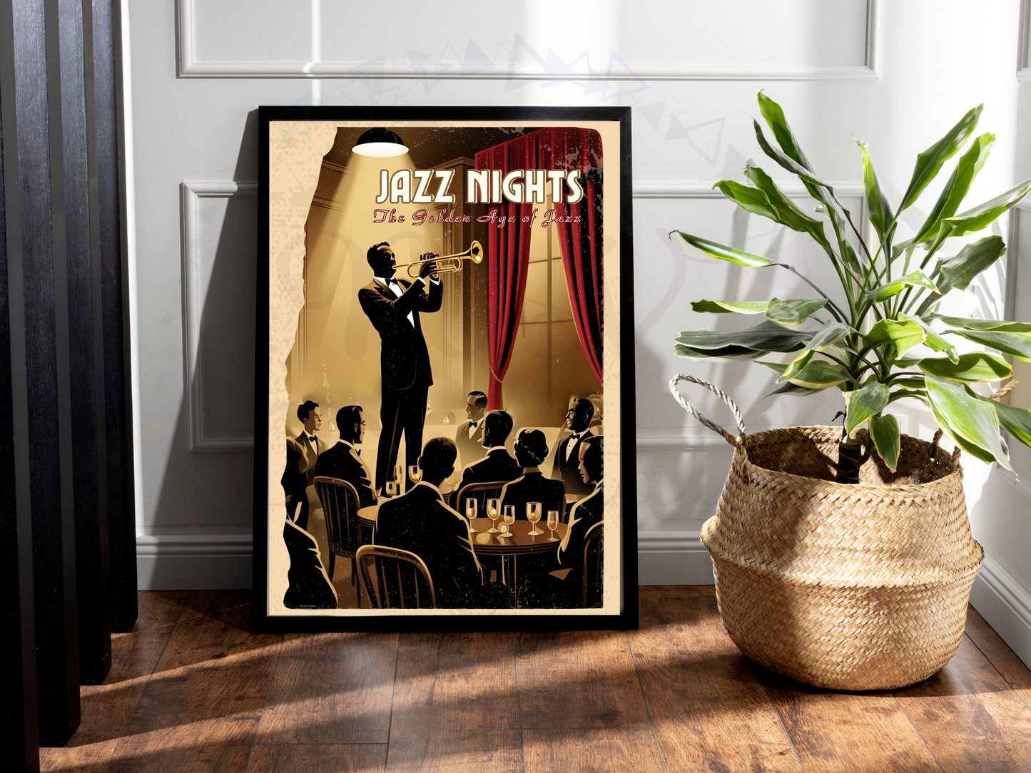 Jazz trumpet player artwork with warm sepia tones