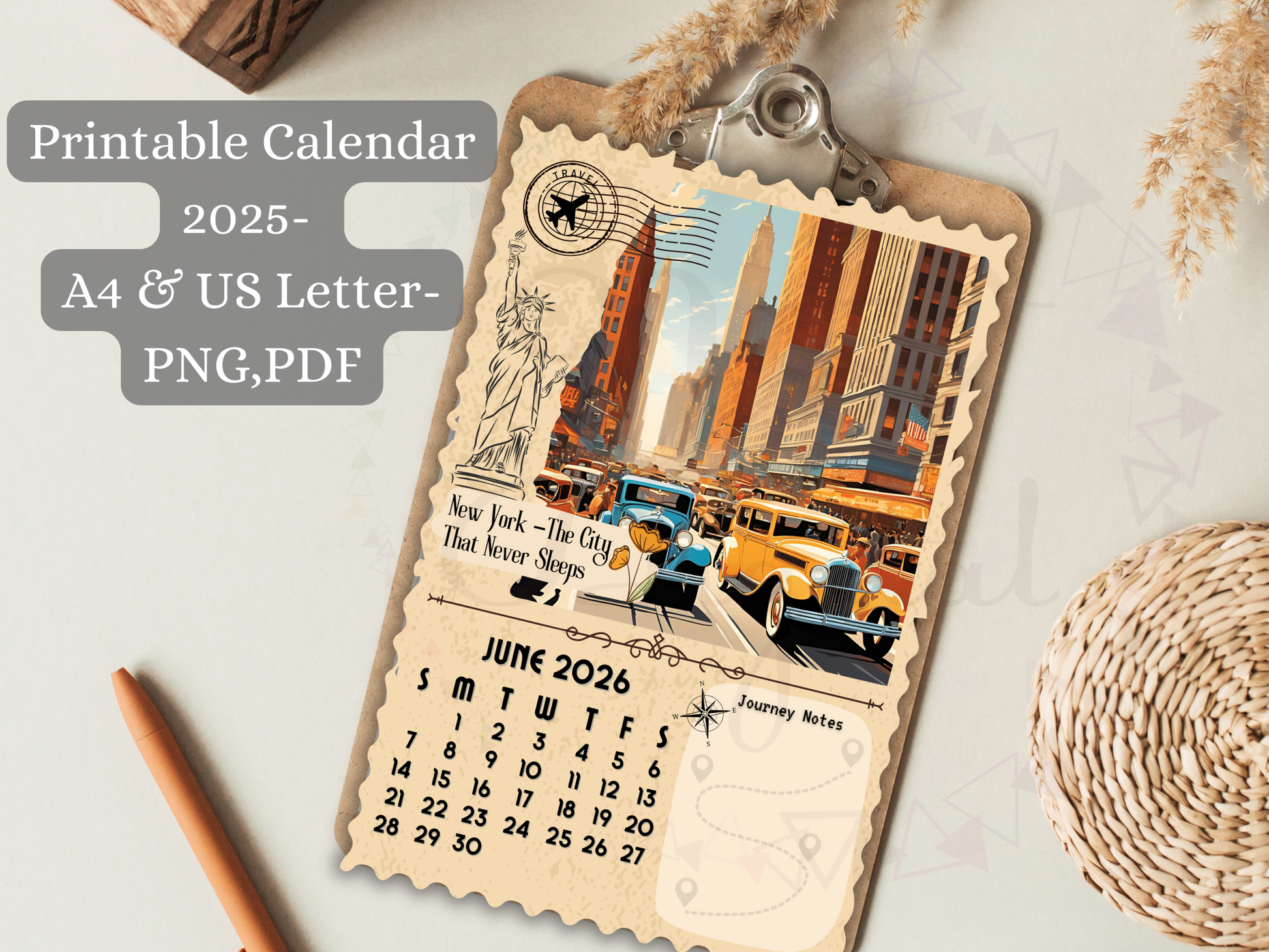 New York the city that never sleeps Retro floral travel calendar printable for journals