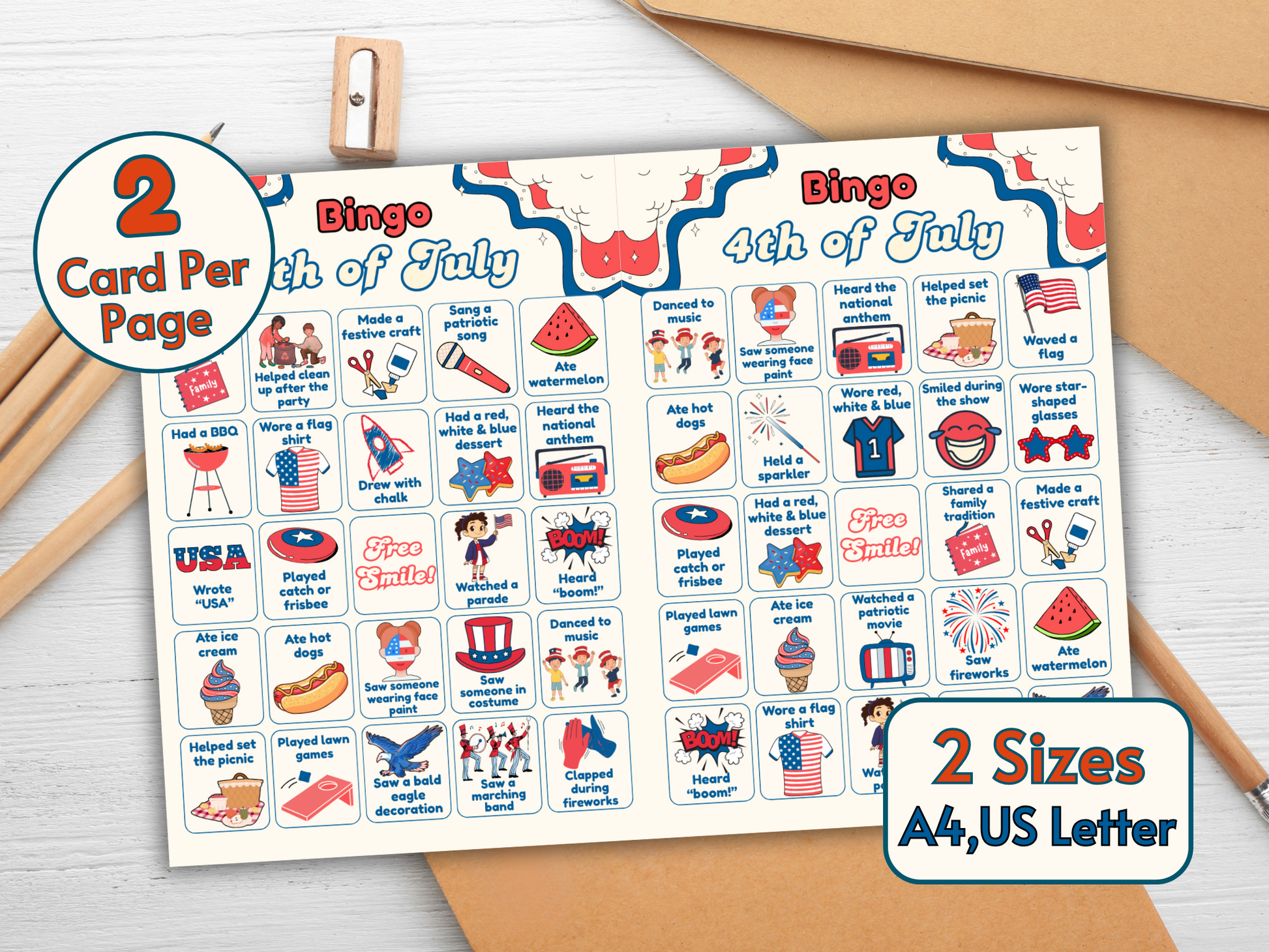 Two bingo cards on a single page layout